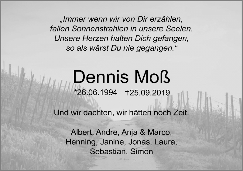  Traueranzeige für Dennis Moß vom 28.09.2019 aus Neue Osnabrücker Zeitung GmbH & Co. KG