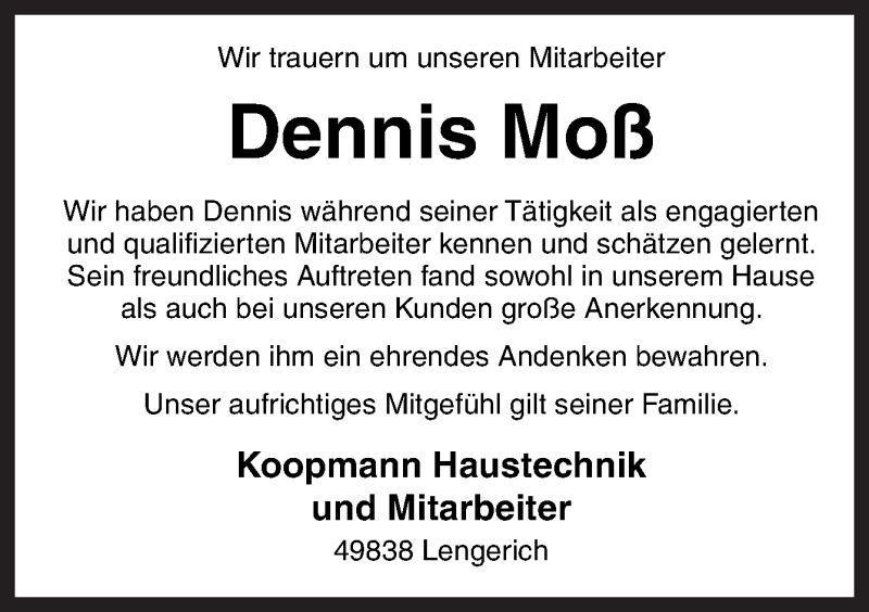  Traueranzeige für Dennis Moß vom 28.09.2019 aus Neue Osnabrücker Zeitung GmbH & Co. KG