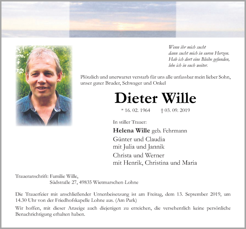  Traueranzeige für Dieter Wille vom 11.09.2019 aus Neue Osnabrücker Zeitung GmbH & Co. KG