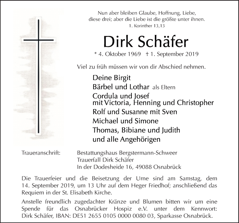  Traueranzeige für Dirk Schäfer vom 07.09.2019 aus Neue Osnabrücker Zeitung GmbH & Co. KG