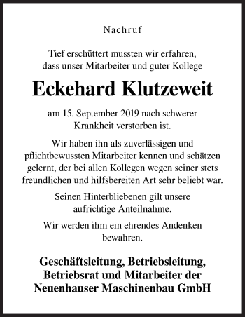 Traueranzeige von Eckehard Klutzeweit von Neue Osnabrücker Zeitung GmbH & Co. KG