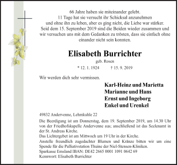 Traueranzeige von Elisabeth Burrichter von Neue Osnabrücker Zeitung GmbH & Co. KG