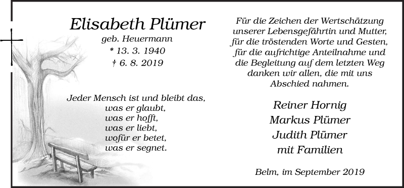  Traueranzeige für Elisabeth Plümer vom 07.09.2019 aus Neue Osnabrücker Zeitung GmbH & Co. KG