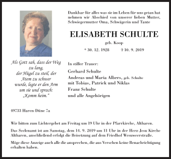 Traueranzeige von Elisabeth Schulte von Neue Osnabrücker Zeitung GmbH & Co. KG