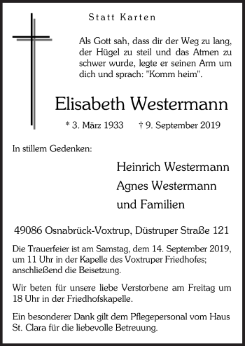 Traueranzeige von Elisabeth Westermann von Neue Osnabrücker Zeitung GmbH & Co. KG