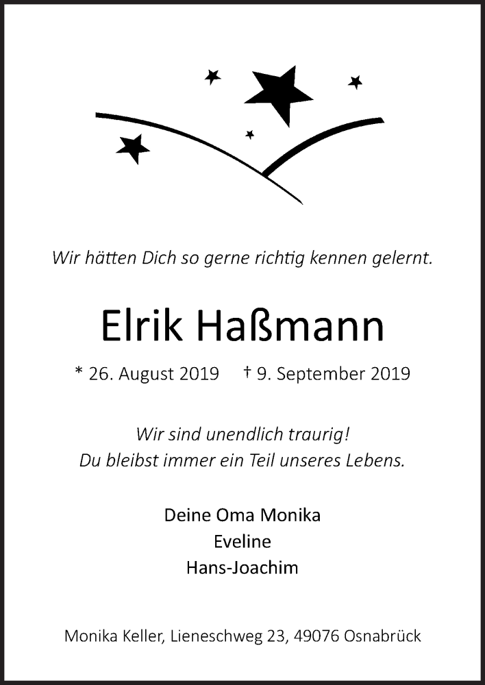  Traueranzeige für Elrik Haßmann vom 14.09.2019 aus Neue Osnabrücker Zeitung GmbH & Co. KG