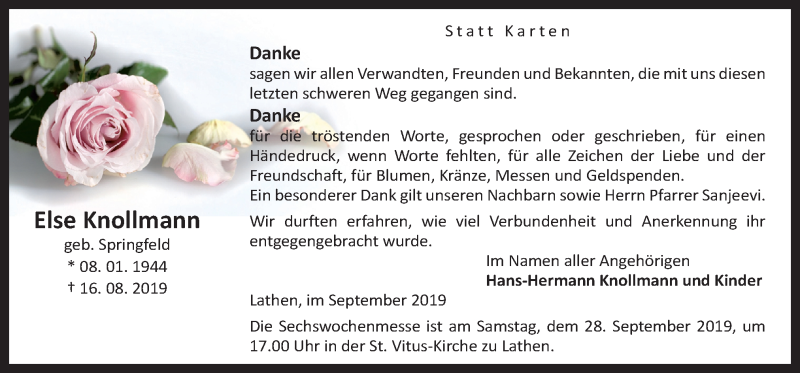  Traueranzeige für Else Knollmann vom 25.09.2019 aus Neue Osnabrücker Zeitung GmbH & Co. KG