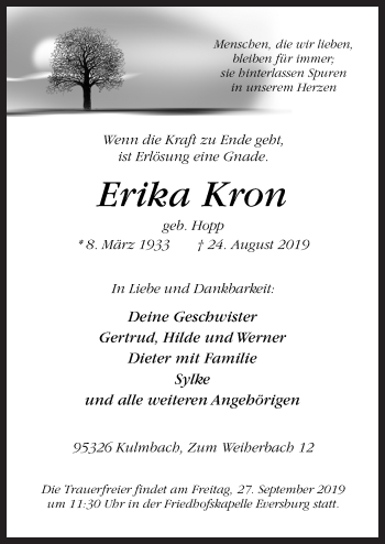 Traueranzeige von Erika Kron von Neue Osnabrücker Zeitung GmbH & Co. KG