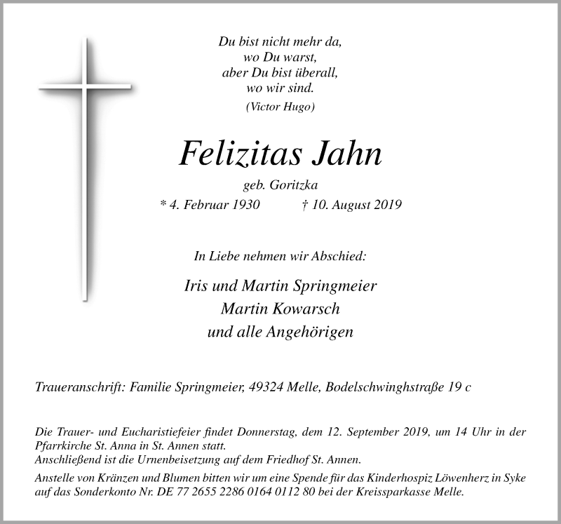  Traueranzeige für Felizitas Jahn vom 07.09.2019 aus Neue Osnabrücker Zeitung GmbH & Co. KG