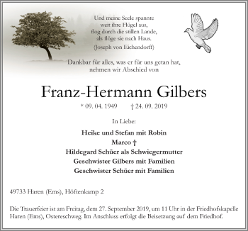 Traueranzeige von Franz-Hermann Gilbers von Neue Osnabrücker Zeitung GmbH & Co. KG