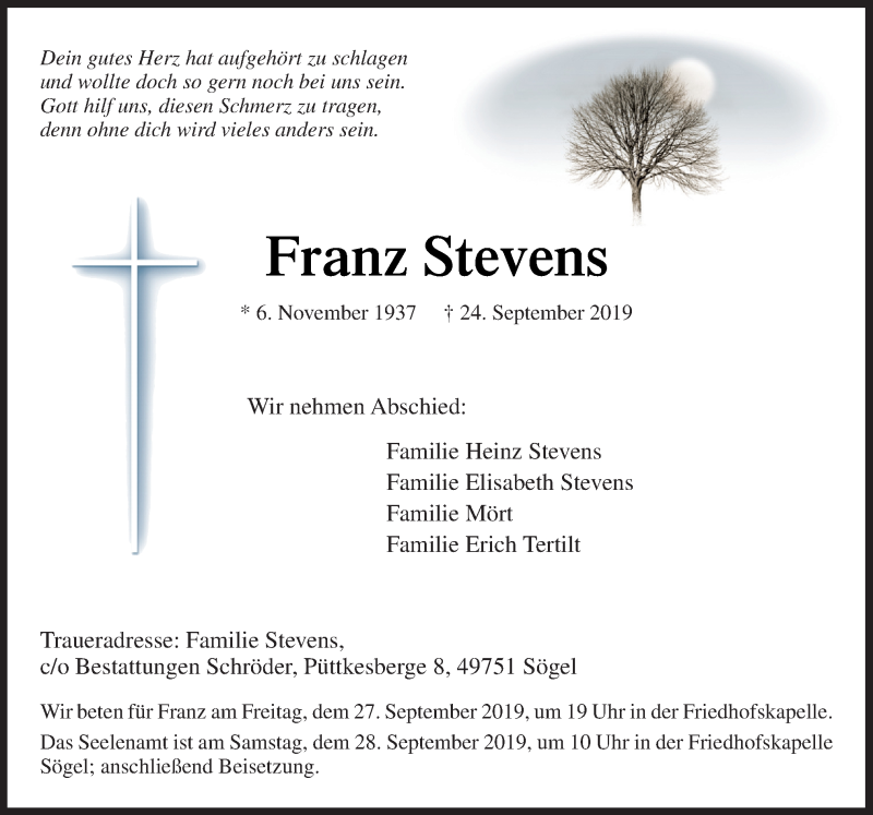  Traueranzeige für Franz Stevens vom 27.09.2019 aus Neue Osnabrücker Zeitung GmbH & Co. KG