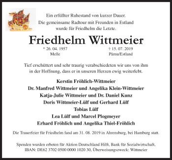 Traueranzeige von Friedhelm Wittmeier von Neue Osnabrücker Zeitung GmbH & Co. KG