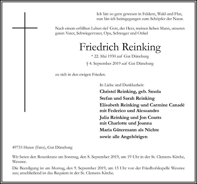  Traueranzeige für Friedrich Reinking vom 06.09.2019 aus Neue Osnabrücker Zeitung GmbH & Co. KG