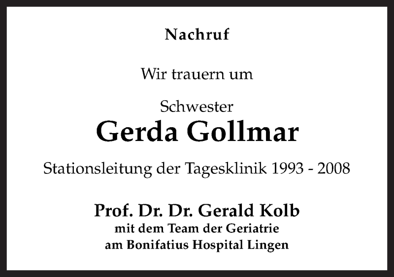  Traueranzeige für Gerda Gollmar vom 12.09.2019 aus Neue Osnabrücker Zeitung GmbH & Co. KG