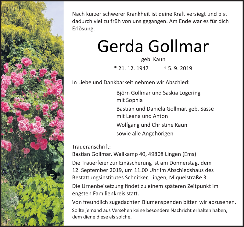  Traueranzeige für Gerda Gollmar vom 10.09.2019 aus Neue Osnabrücker Zeitung GmbH & Co. KG