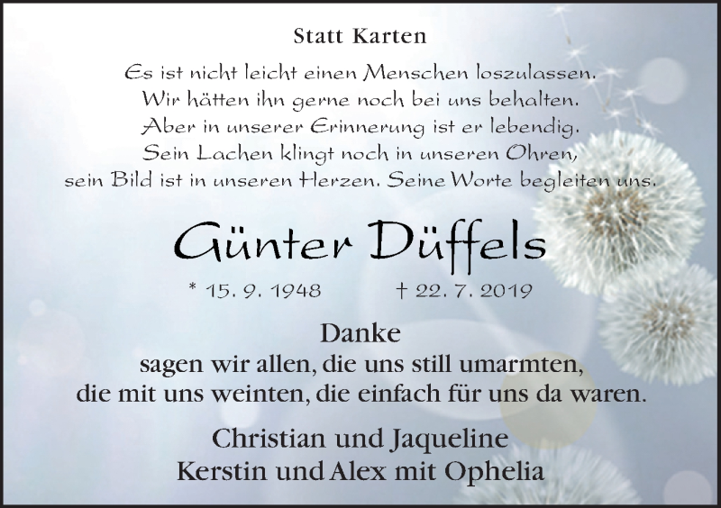  Traueranzeige für Günter Düffels vom 28.09.2019 aus Neue Osnabrücker Zeitung GmbH & Co. KG