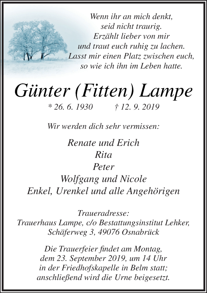  Traueranzeige für Günter Lampe vom 18.09.2019 aus Neue Osnabrücker Zeitung GmbH & Co. KG