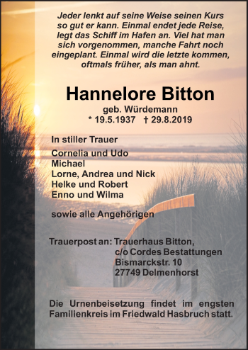 Traueranzeige von Hannelore Bitton von Neue Osnabrücker Zeitung GmbH & Co. KG