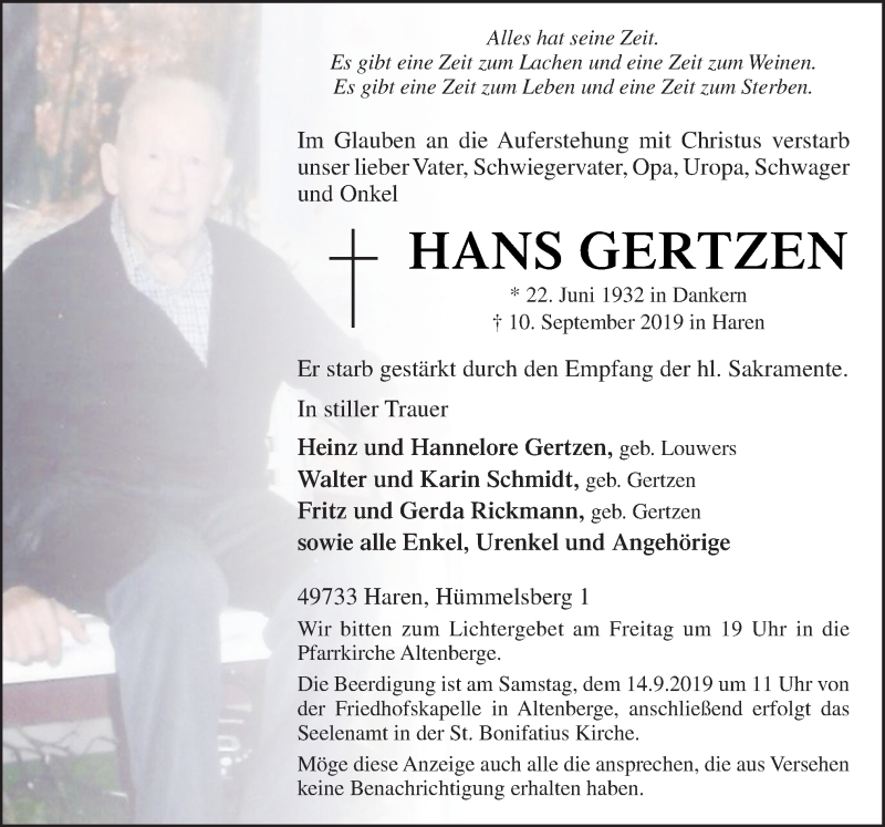  Traueranzeige für Hans Gertzen vom 12.09.2019 aus Neue Osnabrücker Zeitung GmbH & Co. KG