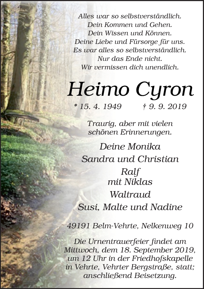  Traueranzeige für Heimo Cyron vom 14.09.2019 aus Neue Osnabrücker Zeitung GmbH & Co. KG