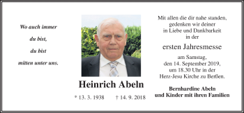 Traueranzeige von Heinrich Abeln von Neue Osnabrücker Zeitung GmbH & Co. KG