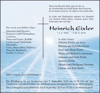 Traueranzeige von Heinrich Eixler von Neue Osnabrücker Zeitung GmbH & Co. KG