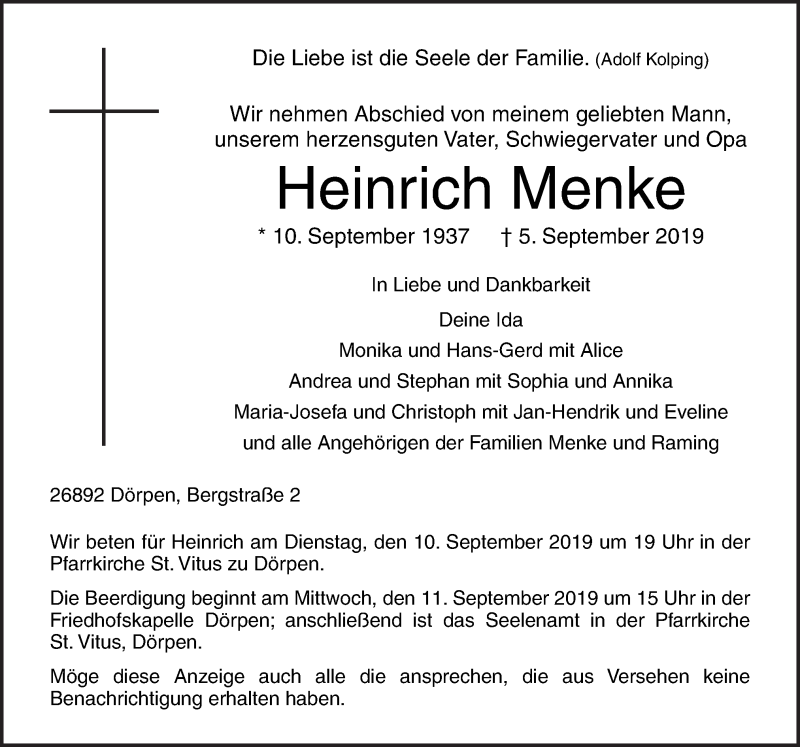  Traueranzeige für Heinrich Menke vom 07.09.2019 aus Neue Osnabrücker Zeitung GmbH & Co. KG