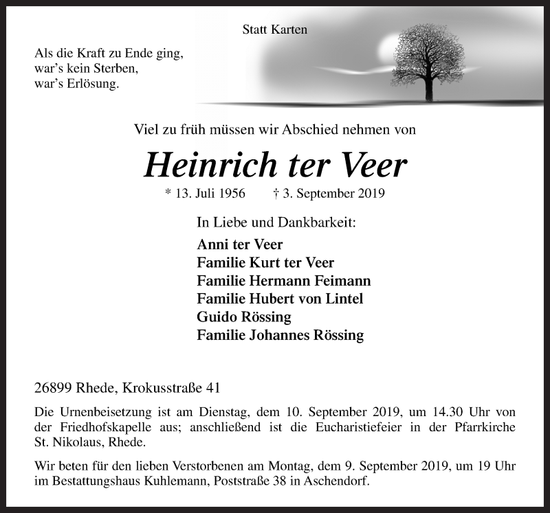  Traueranzeige für Heinrich ter Veer vom 06.09.2019 aus Neue Osnabrücker Zeitung GmbH & Co. KG