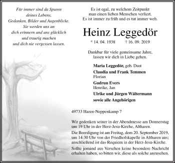 Traueranzeige von Heinz Leggedör von Neue Osnabrücker Zeitung GmbH & Co. KG