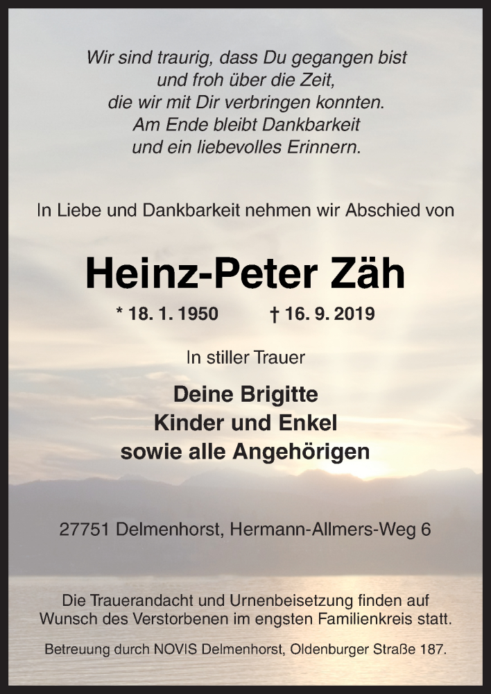  Traueranzeige für Heinz-Peter Zäh vom 28.09.2019 aus Neue Osnabrücker Zeitung GmbH & Co. KG