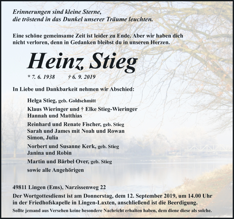  Traueranzeige für Heinz Stieg vom 09.09.2019 aus Neue Osnabrücker Zeitung GmbH & Co. KG