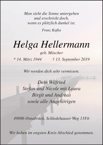 Traueranzeige von Helga Hellermann von Neue Osnabrücker Zeitung GmbH & Co. KG