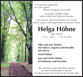 Traueranzeige von Helga Höhne von Neue Osnabrücker Zeitung GmbH & Co. KG