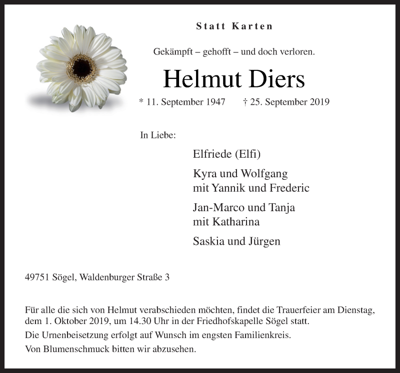  Traueranzeige für Helmut Diers vom 28.09.2019 aus Neue Osnabrücker Zeitung GmbH & Co. KG