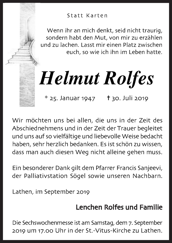  Traueranzeige für Helmut Rolfes vom 04.09.2019 aus Neue Osnabrücker Zeitung GmbH & Co. KG