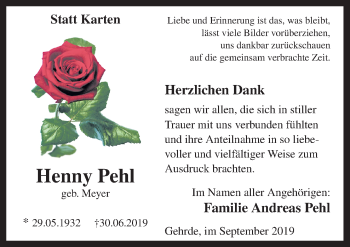 Traueranzeige von Henny Pehl von Neue Osnabrücker Zeitung GmbH & Co. KG