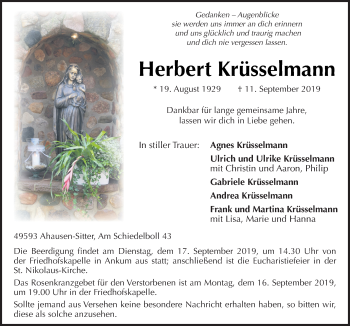 Traueranzeige von Herbert Krüsselmann von Neue Osnabrücker Zeitung GmbH & Co. KG