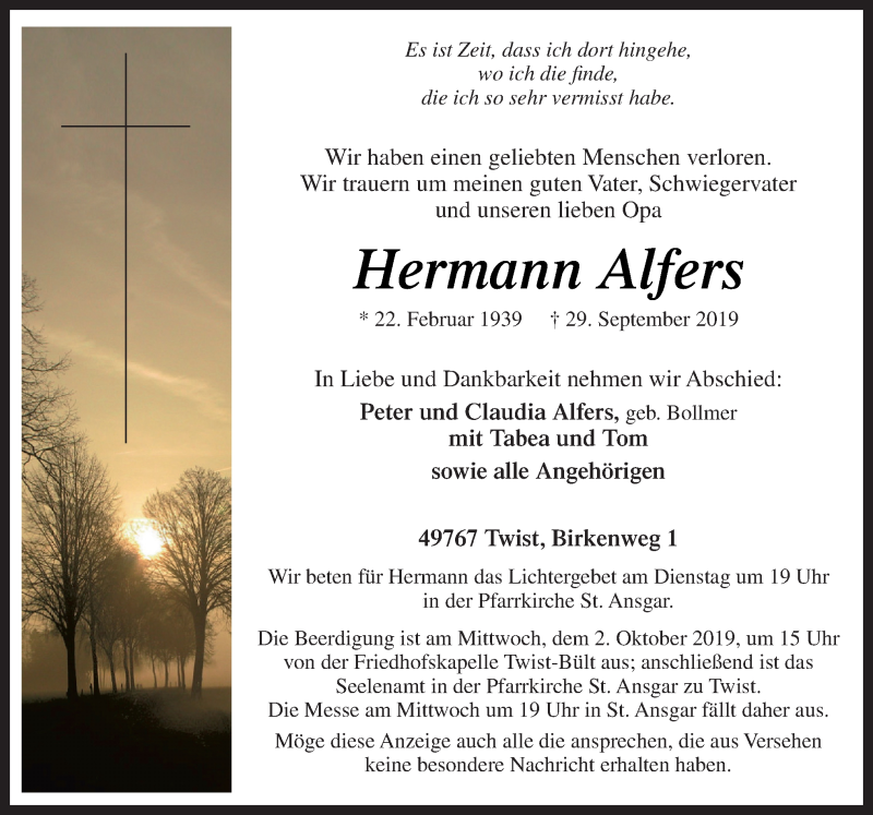 Traueranzeige für Hermann Alfers vom 30.09.2019 aus Neue Osnabrücker Zeitung GmbH & Co. KG