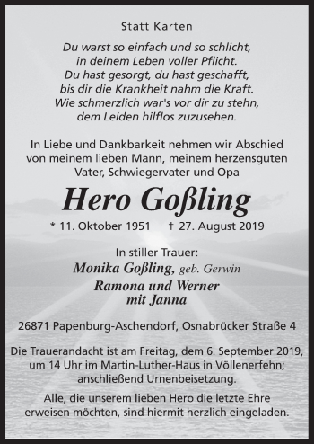 Traueranzeige von Hero Goßling von Neue Osnabrücker Zeitung GmbH & Co. KG