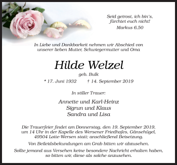 Traueranzeige von Hilde Welzel von Neue Osnabrücker Zeitung GmbH & Co. KG