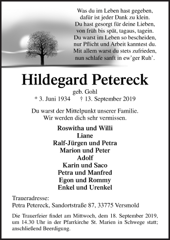 Traueranzeige von Hildegard Petereck von Neue Osnabrücker Zeitung GmbH & Co. KG