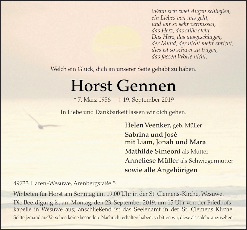  Traueranzeige für Horst Gennen vom 21.09.2019 aus Neue Osnabrücker Zeitung GmbH & Co. KG