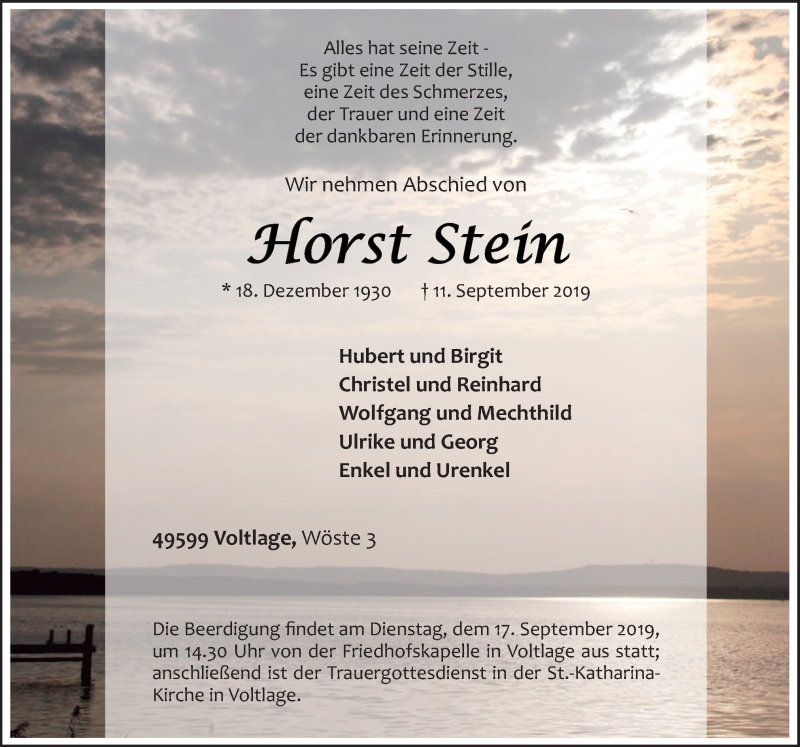  Traueranzeige für Horst Stein vom 14.09.2019 aus Neue Osnabrücker Zeitung GmbH & Co. KG