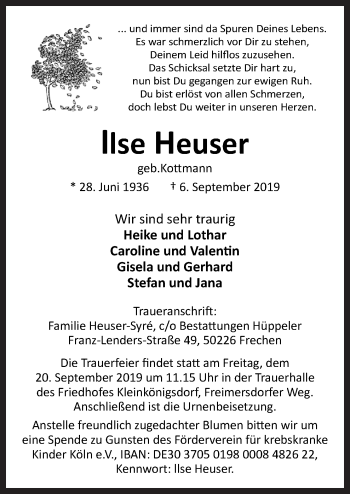 Traueranzeige von Ilse Heuser von Neue Osnabrücker Zeitung GmbH & Co. KG