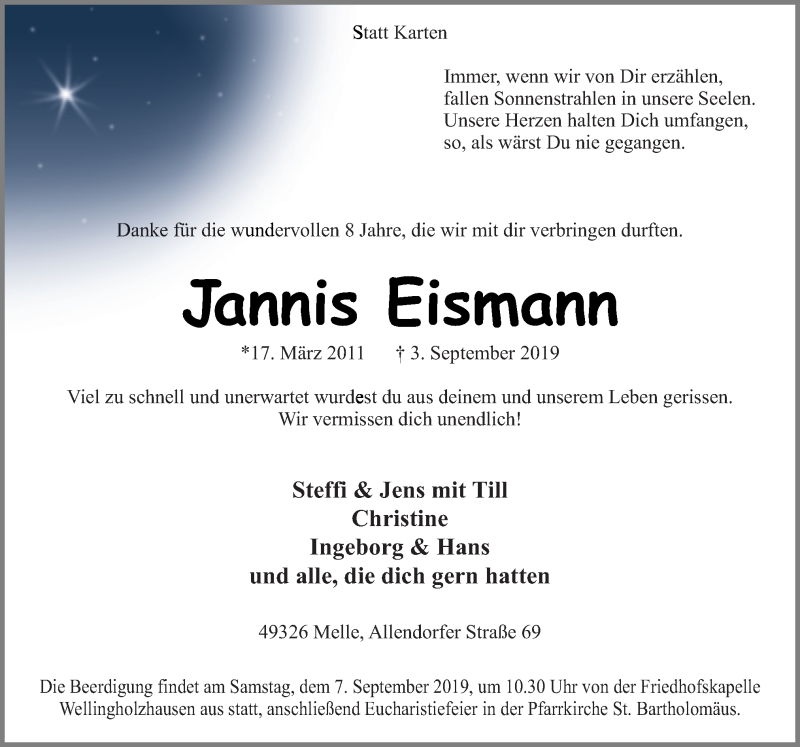  Traueranzeige für Jannis Eismann vom 05.09.2019 aus Neue Osnabrücker Zeitung GmbH & Co. KG