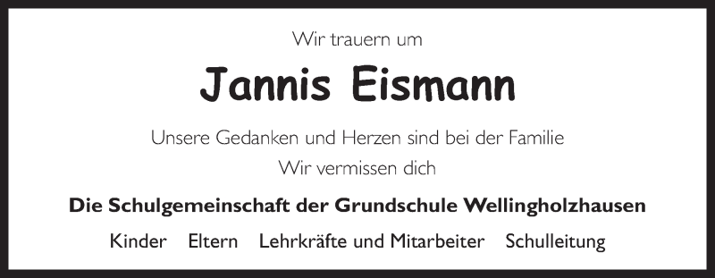  Traueranzeige für Jannis Eismann vom 07.09.2019 aus Neue Osnabrücker Zeitung GmbH & Co. KG