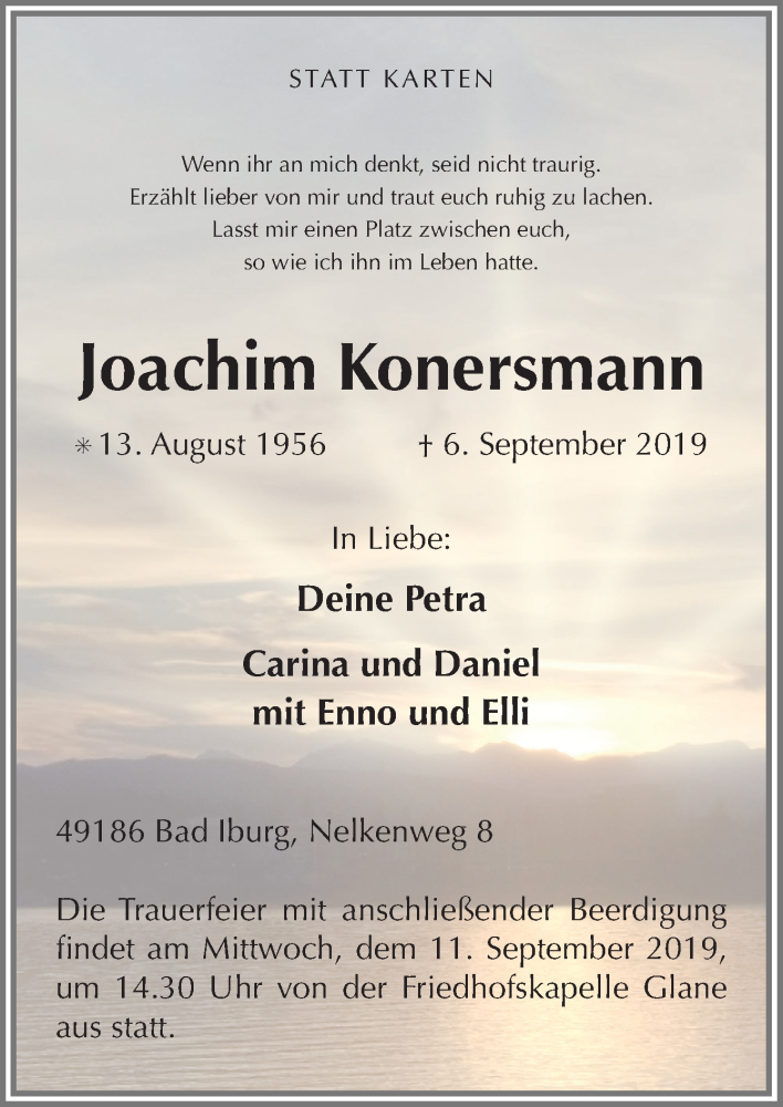 Traueranzeige für Joachim Konersmann vom 09.09.2019 aus Neue Osnabrücker Zeitung GmbH & Co. KG