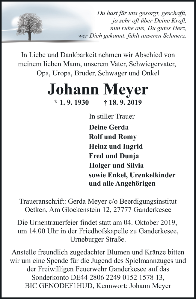  Traueranzeige für Johann Meyer vom 21.09.2019 aus Neue Osnabrücker Zeitung GmbH & Co. KG