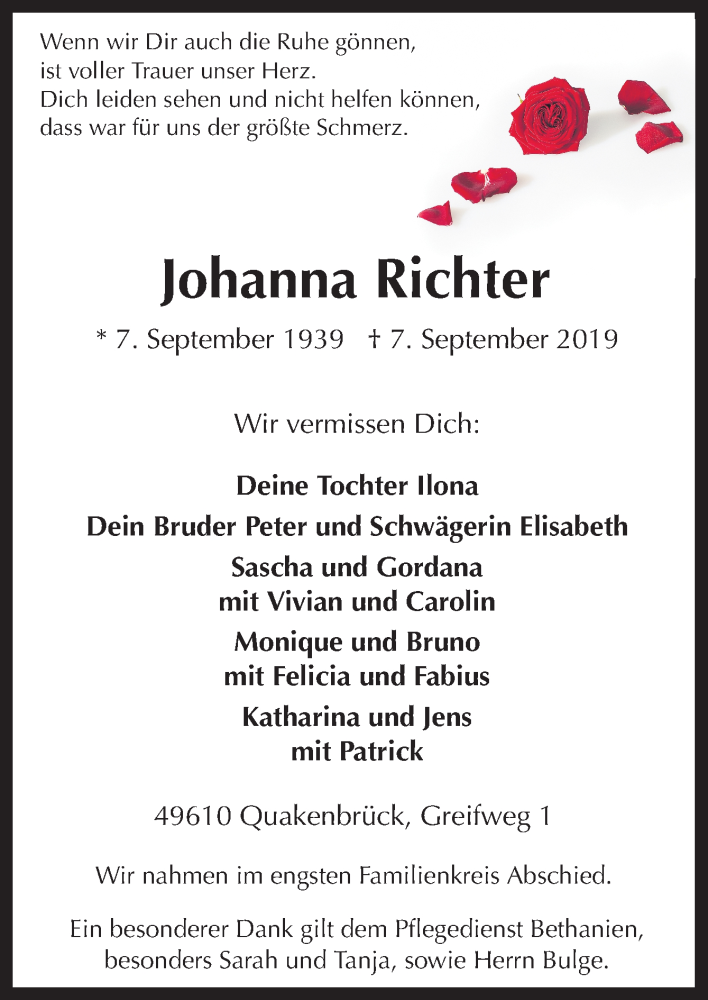  Traueranzeige für Johanna Richter vom 14.09.2019 aus Neue Osnabrücker Zeitung GmbH & Co. KG