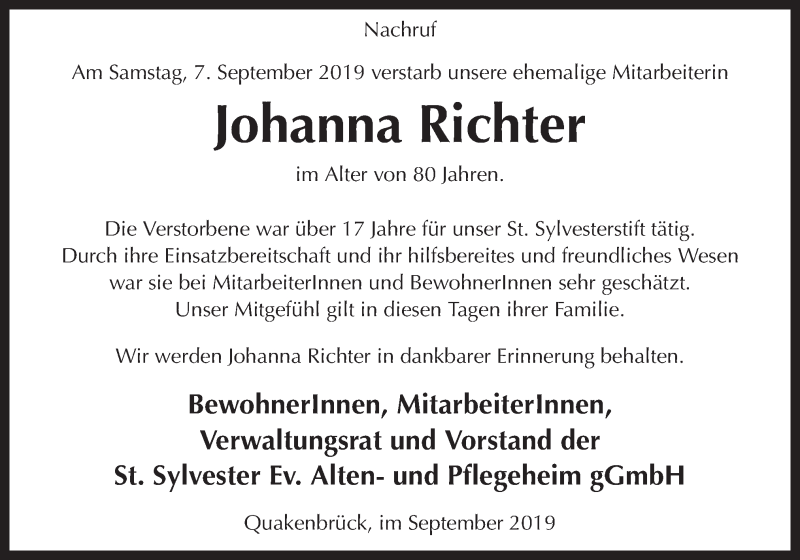  Traueranzeige für Johanna Richter vom 21.09.2019 aus Neue Osnabrücker Zeitung GmbH & Co. KG